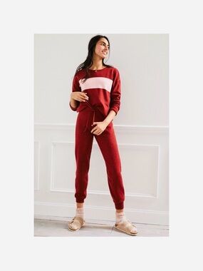 Anthropologie Red and Light Pink Colorblock Lounge Set Sweatshirt Joggers Small